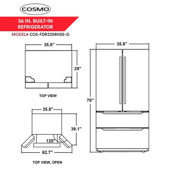 dimension image slide 0 of 2, Cosmo 22.5 cu. ft. 4-Door French Door Refrigerator with Pull Handles in Stainless Steel, Counter Depth