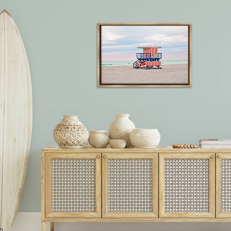Stupell Patriotic Lifeguard Hut Framed Floater Canvas Wall Art Design By Seven Trees Design