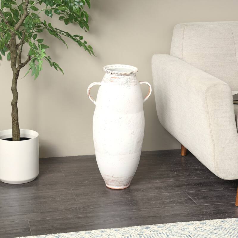 White Metal Vase with Antique Distressing and Terracotta Accents - White - 13"W 24"H