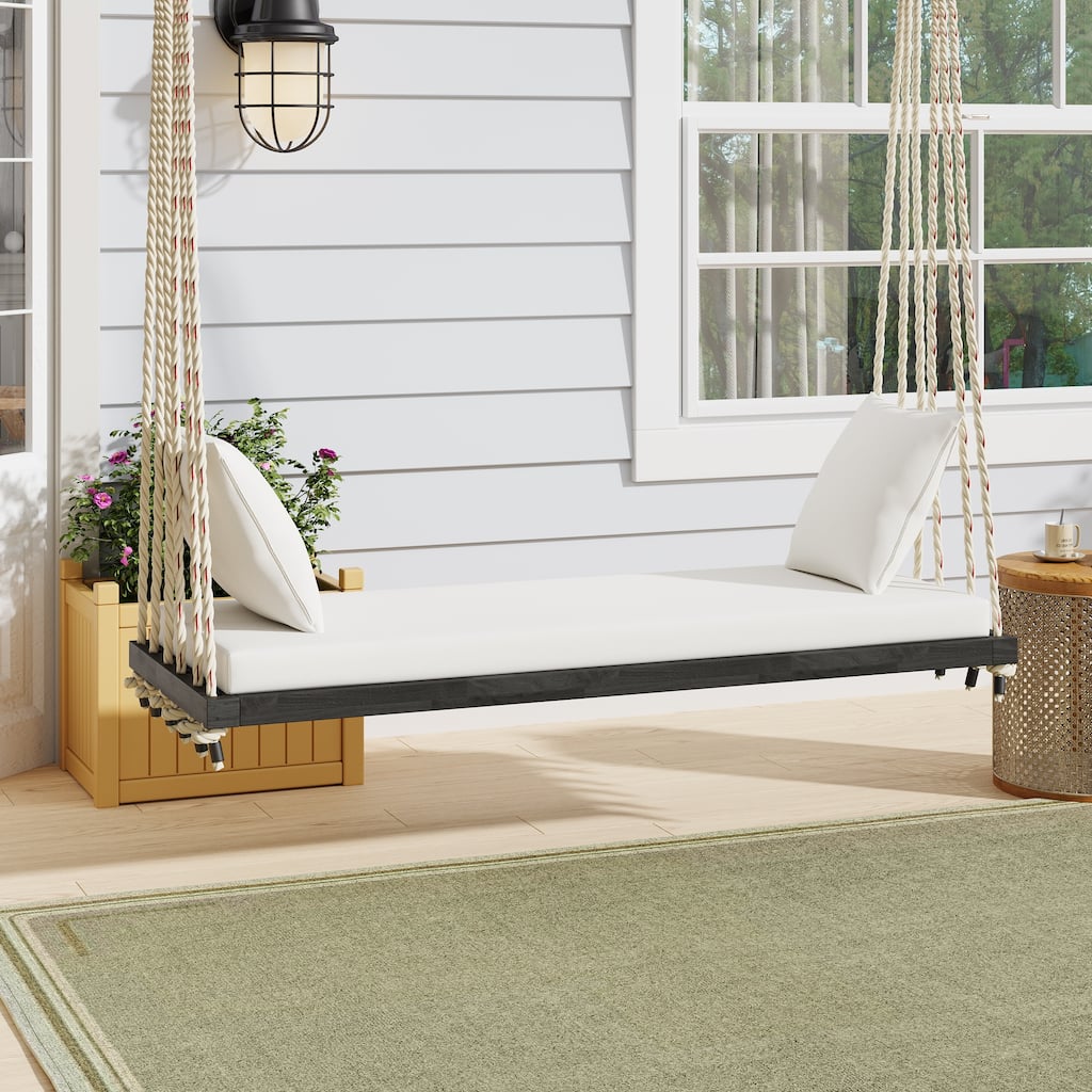 Anmytek Outdoor Wooden Porch Swing Bench with Cushions and Pillows Brown