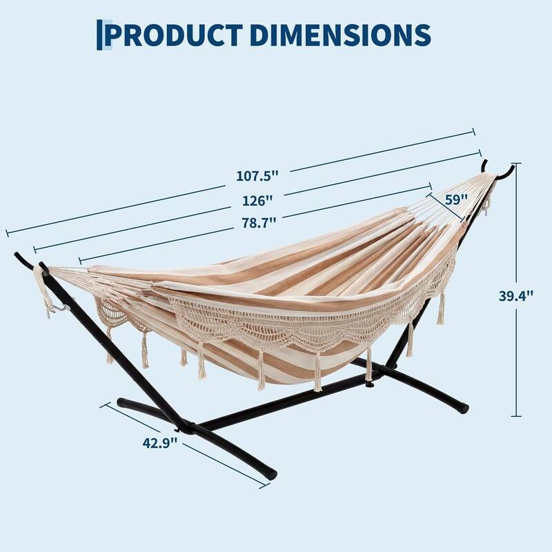 450 LBS Capacity Portable Double Hammock with Stand for Outdoor Patio Backyard Poolside, Tan Stripes - Tan Stripes