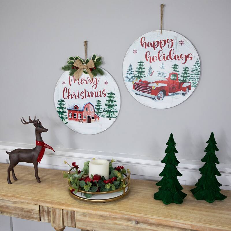 Merry Christmas and Happy Holidays Wall Signs - 15.75" - Set of 2 - Red and Green