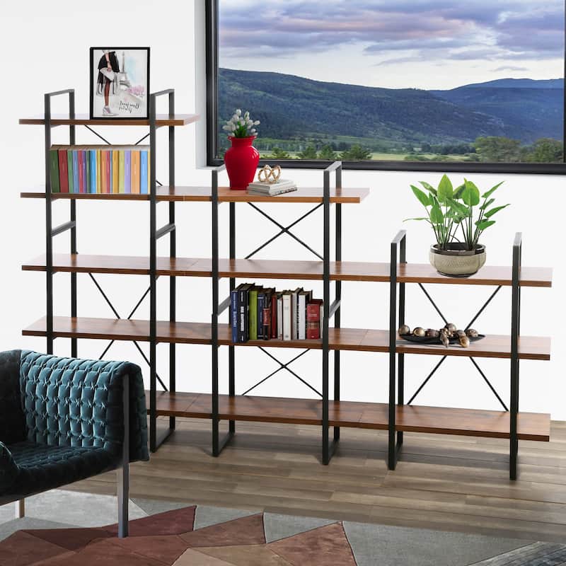 Orli Adjustable Antique Walnut Wood and Metal Display and Steel Etagere Bookcase - 106.3'' x 71.06'' x 12.5'' - 106.3'' x 71.06'' x 12.5'' - Antique Walnut