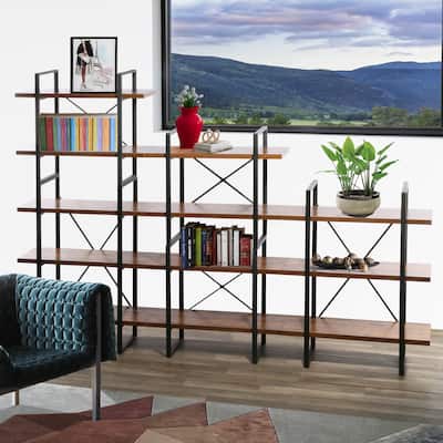 Orli Adjustable Antique Walnut Wood and Metal Display and Steel Etagere Bookcase - 106.3'' x 71.06'' x 12.5''