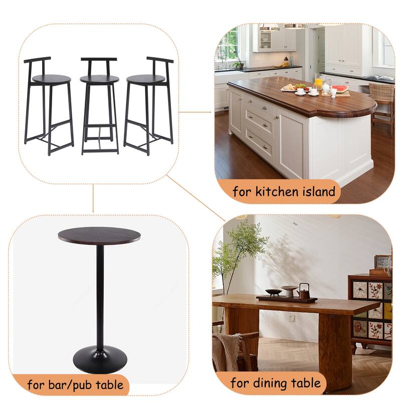 Set of 3 27" Wooden Bar Stools with Footrest, Modern Round Kitchen Chairs for Counter - Black