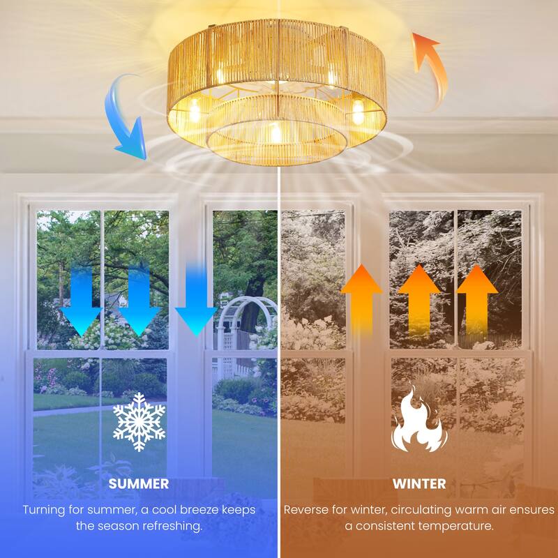 20" Boho Ceiling Fan with Lights 6-Speed Flush Mount Modern Ceiling Fan - 5-Light