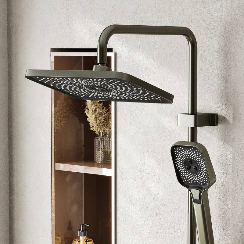 Thermostatic Shower System with Rainfall Shower Head, Adjustable Height Wall Mounted Shower Set