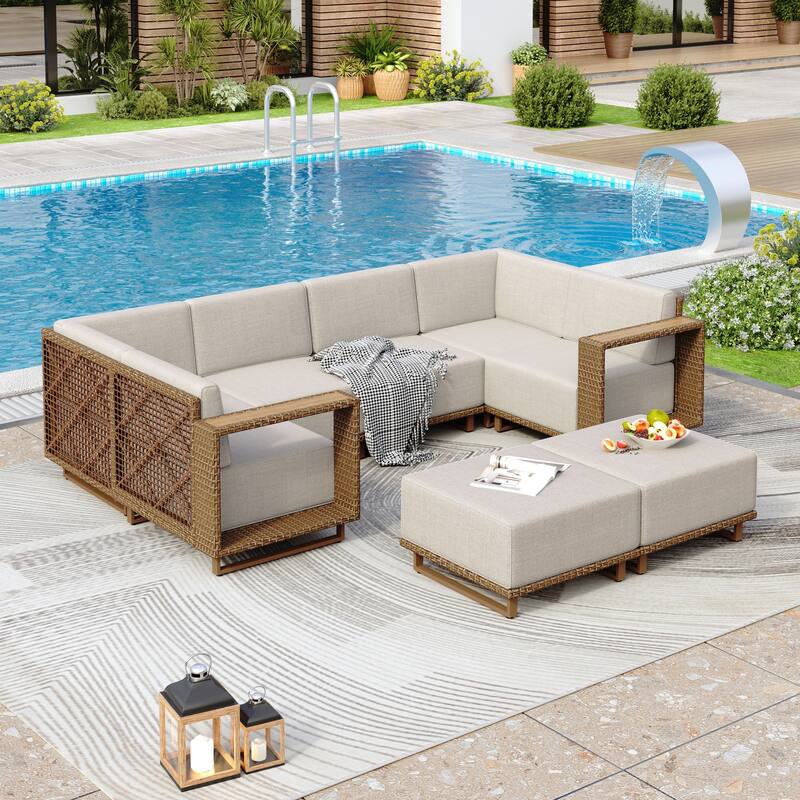 MAISON ARTS 6-Piece Modular Arc Rattan Sofa Set - Wide Armrests & Thick Cushions | Durable PE Wicker & Wood-Plastic.
