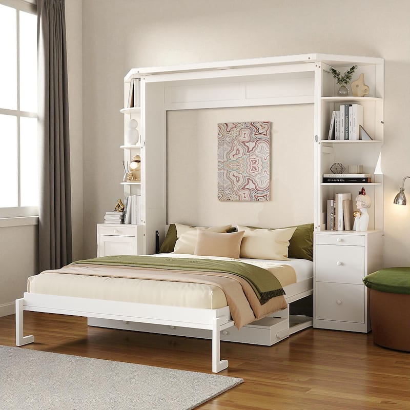 Queen Murphy Bed with Desk, Storage Shelves and Cabinets, Hidden Wall Bed for Home Office Space Saving Furniture