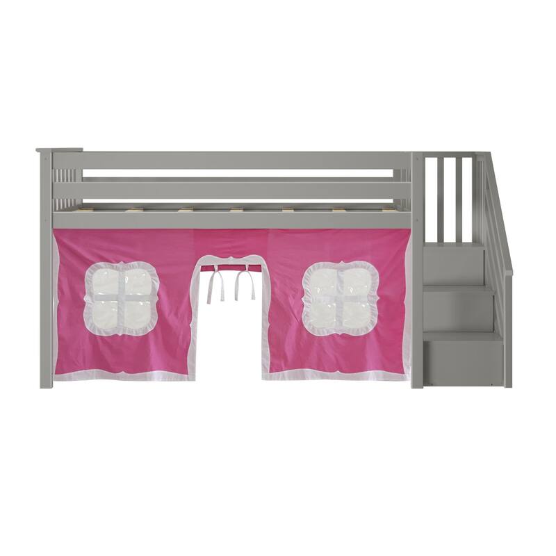 Max and Lily Twin Low Loft with Stairs and Curtains