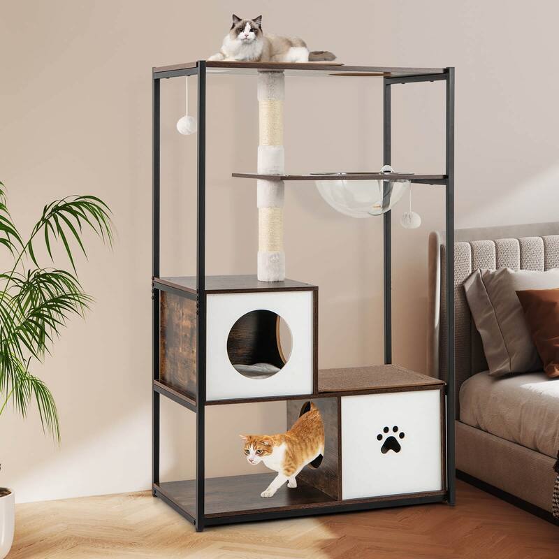 Costway 52" Tall Wooden Cat Tree with Metal Frame 2 Condos Sisal - as pic shows - See Details
