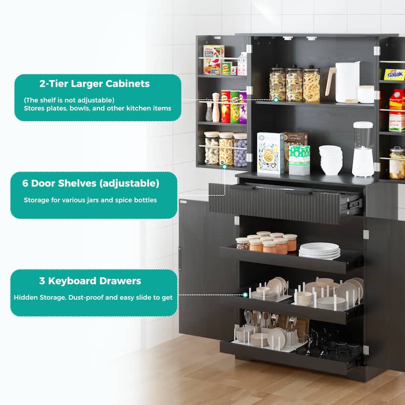 Kitchen Pantry Cabinet with 3 Keyboard Drawers and 6 Door Shelves