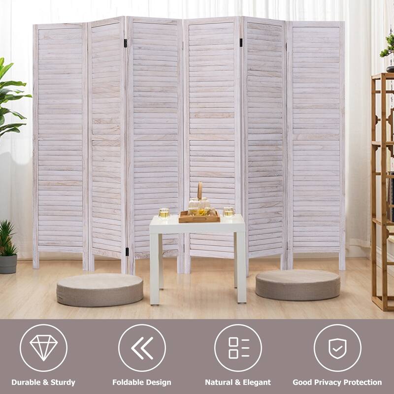 Six Panel Wooden Room Divider Screen with Louvered Slats - 96.0" x 0.8" x 67.0"(L x W x H)