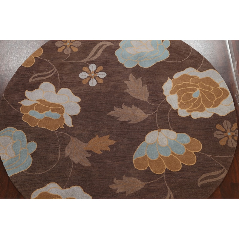 Brown Contemporary Floral Oriental Area Rug Hand-tufted Wool Carpet - 10'0" x 10'0" Round
