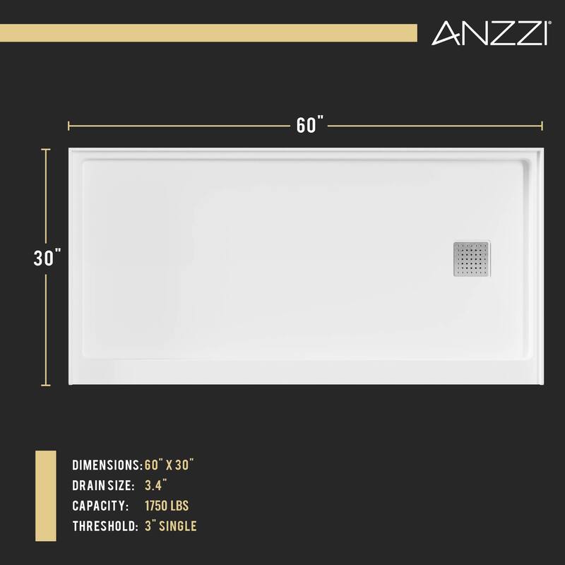 Alexander 60 in. L x 30 in. W Alcove Shower Pan Base with Right Drain in Glossy White Marine Acrylic