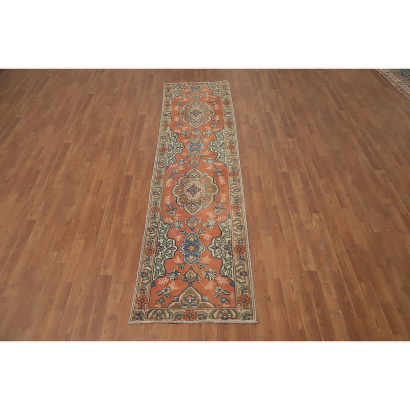 Hand Knotted Oriental 100% Wool Carpet Traditional Floral Oranges & Rust Tabriz Runner Rug - 9' 11'' X 2' 6''