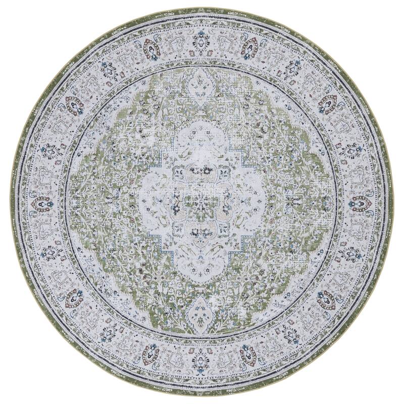 SAFAVIEH Tucson Machine Washable Slip Resistant Willa Traditional Rug - 6' Round - Green/Beige