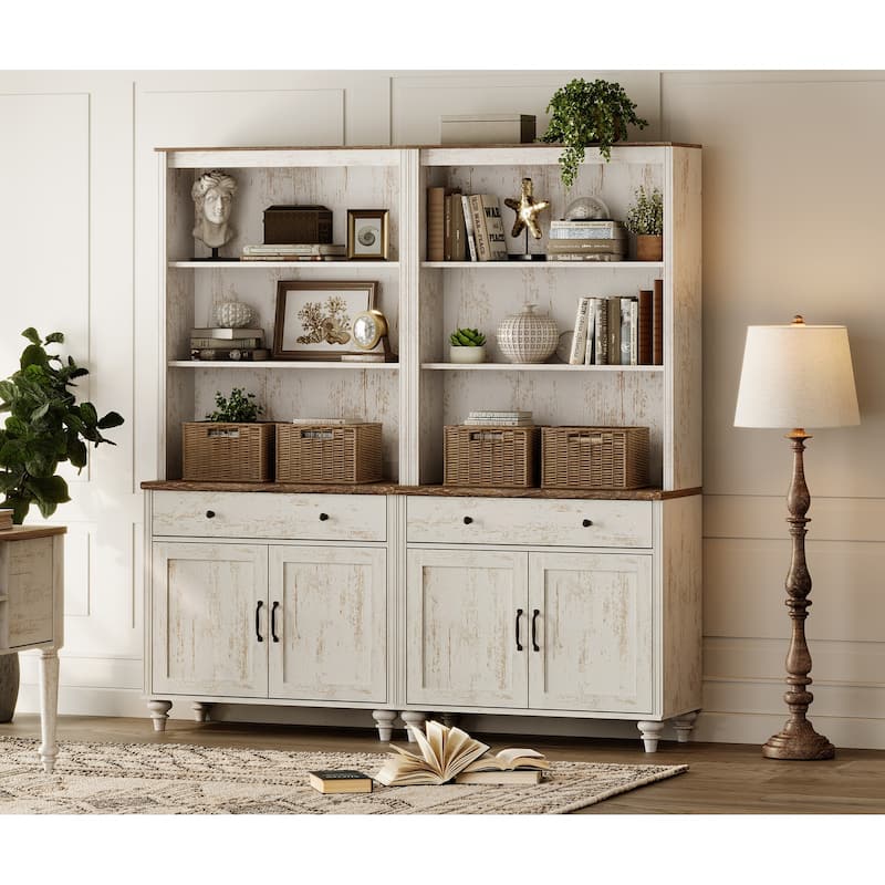 Rustic White Bookcase with Doors, Large Wood Farmhouse Book Case Shelf
