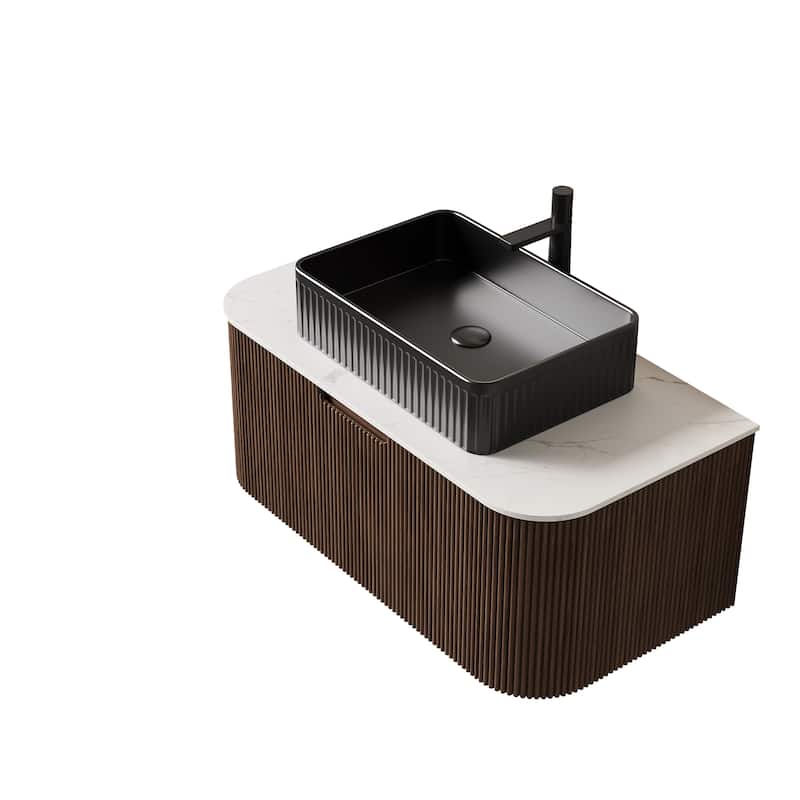 Wall-Mounted Floating Bathroom Vanity with Sink - Black,Carrara White,Dark Walnut