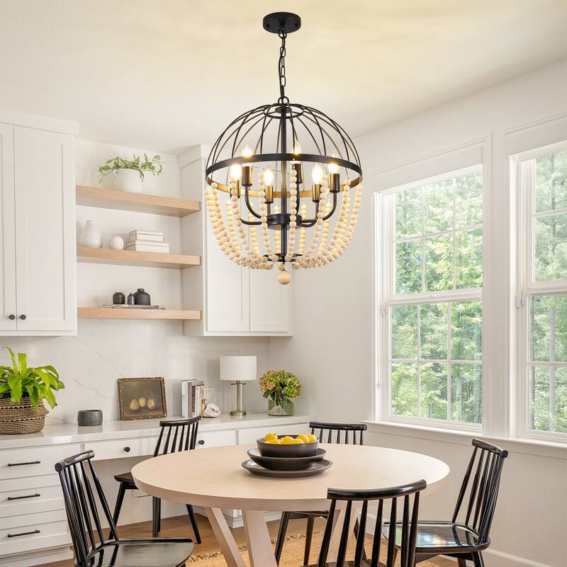 6-Light Metal Chandelier with Wooden Beads