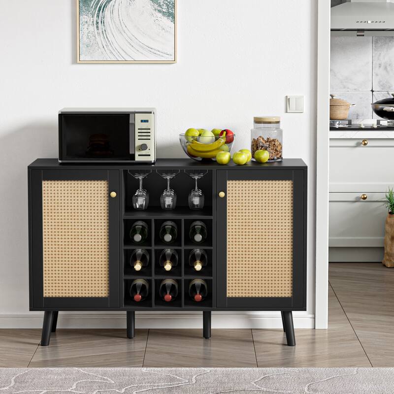 Anmytek Modern 2-Door Black Wood Rattan Kitchen Buffet Sideboard Coffee Bar Cabinet Server Table with Wine Rack
