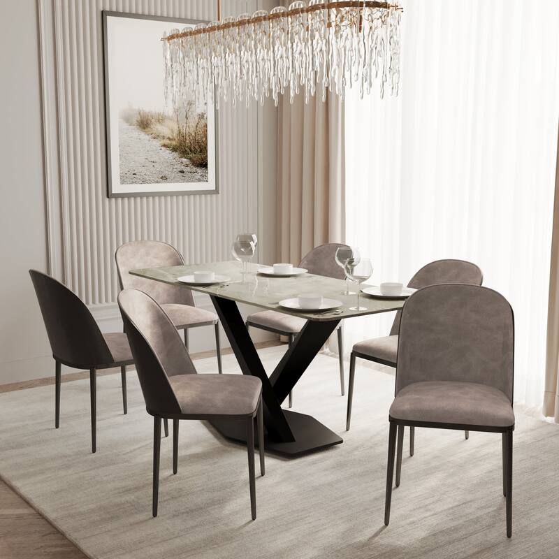 Voren 7-Piece Dining Set 55-Inch Rectangular Sintered Stone Dining Table and 6 Dining Side Chairs