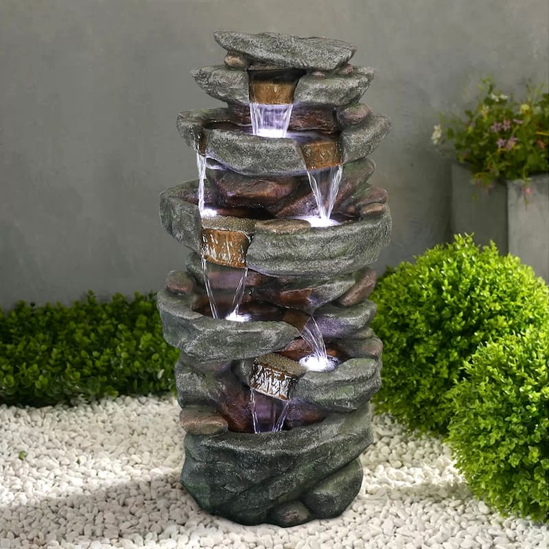 40.6-inch High Rock Falls Outdoor Garden Water Fountain w/LED Lights - Grey - Floor - Polyresin