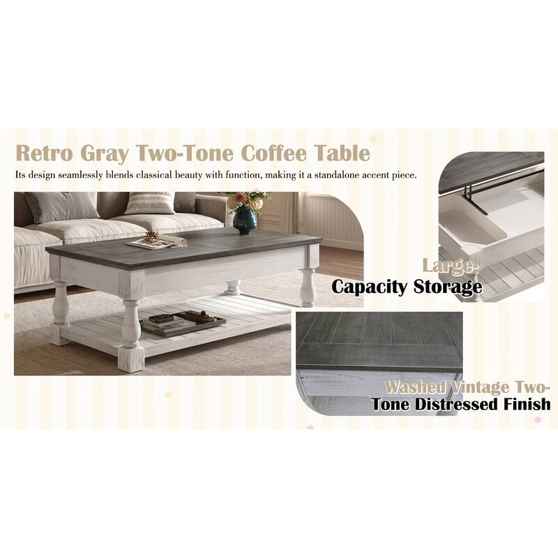 Rossetta Wooden Rustic Elegance Handsomely Crafted Splice Tabletop Lift Top Coffee Table with Fixed Shelf