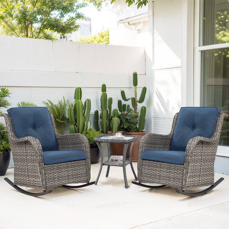 Outdoor Rocking Chair Rattan Rocker Chairs - 3PCS - Rocker Chair w/ Table - Grey Rattan - Blue Cushion