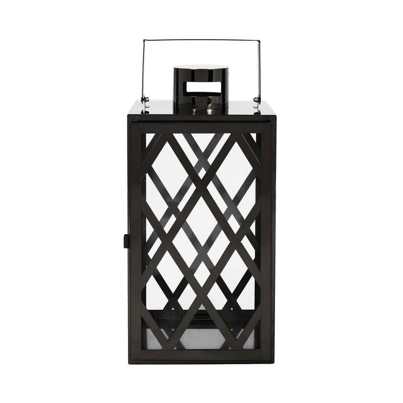 Dove 14 Inch Lantern, Lattice Black Stainless Steel, Tempered Glass