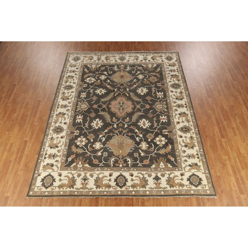 Brown Floral Oushak Indian Area Rug Hand-Knotted Wool Carpet - 9'3" x 12'0"