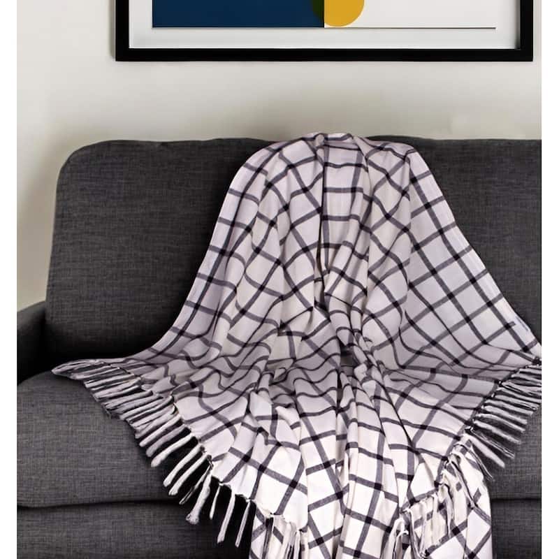 HomeRoots 50" X 60" Black and Off White Cotton Woven Plaid Throw Throw Blanket with Fringe - Throw - Black and Off White