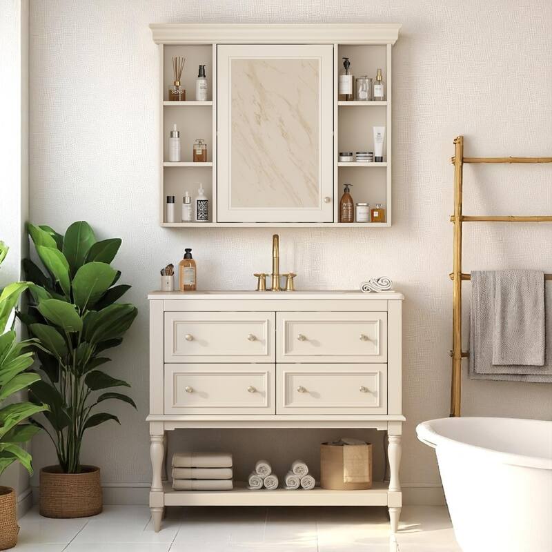 36"" Bathroom Vanity with Ceramic Sink and Medicine Cabinet, 4 Drawers, Storage Shelf, Solid Wood Frame,Bathroom Cabinet Set - Beige - 36" Ceramic,Solid Wood+MDF