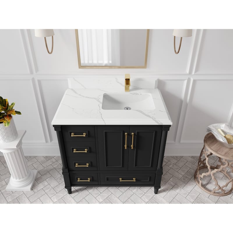 Willow Collections 36 in. W x 22 in. D Aberdeen Right Offset Sink Bathroom Vanity with Countertop - 1.5" Calacatta Laza - Black