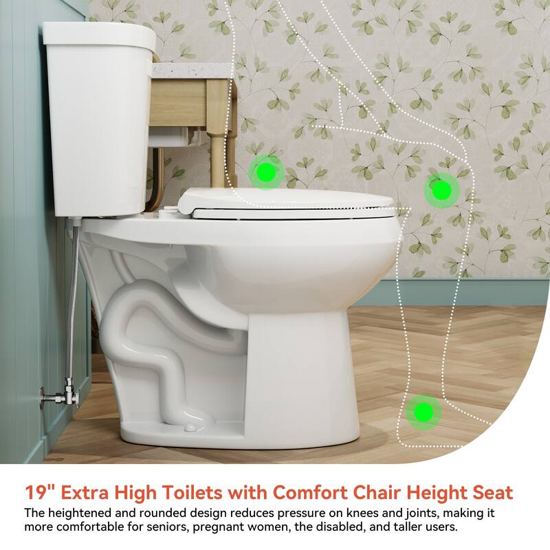 HOROW 19 Inch ADA Tall 2 Piece High Efficiency Dual Flush Round Toilet White 1.1 /1.6 GPF Strong Flush Seat Included - 19 Inch
