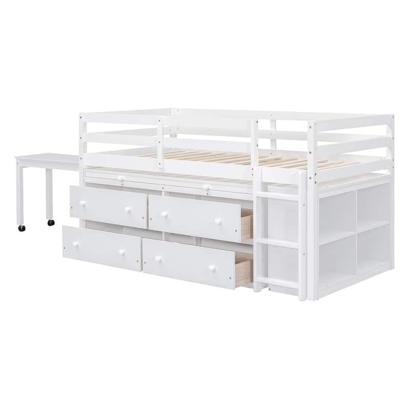 Twin Size Solid Wood Loft Bed with Retractable Desk and Drawers