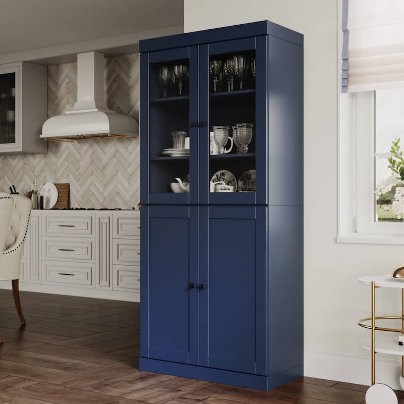 Palace Imports 100% Solid Wood 32" Pantry Cabinet with Clear Glass, Shaker Doors and Adjustable Shelves - Navy