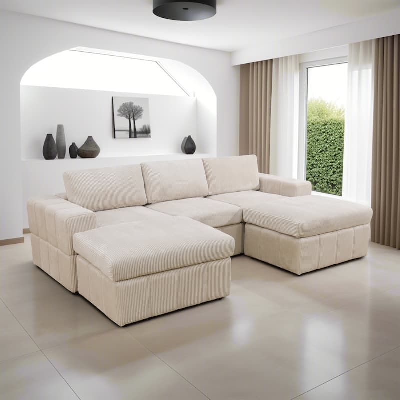 104'' Modern 5 Seaters Corduroy Sectional Sofa with 2 Ottomans, U-Shaped Modular Couch - Beige
