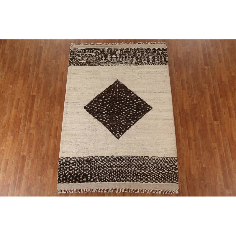 Hand Knotted Oriental 100% Wool Carpet Modern Tribal Beige & Ivories Moroccan Area Rug - 8' 1'' X 5' 8''