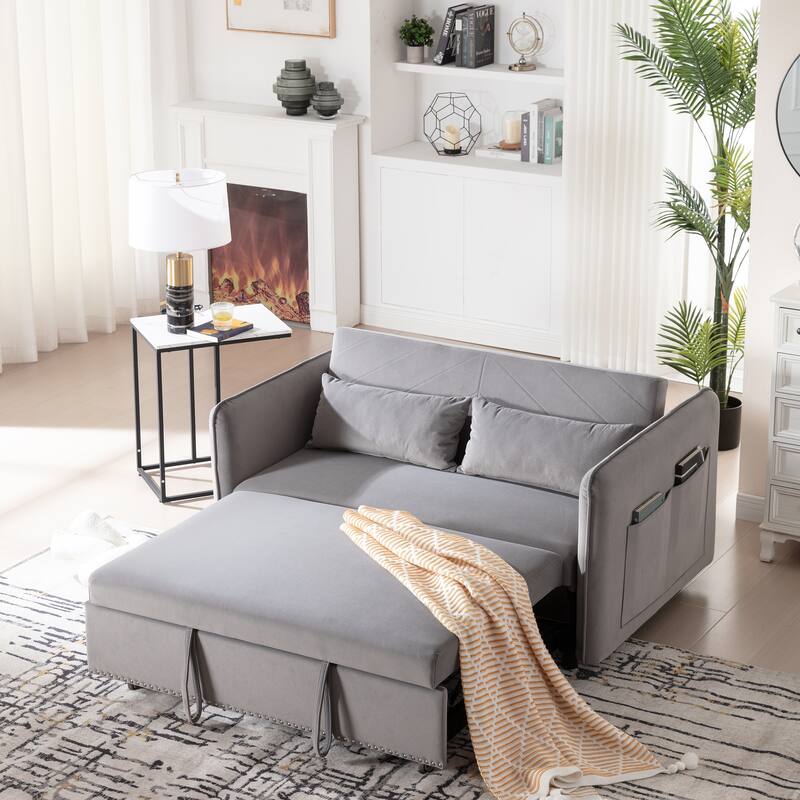 3 in 1 Convertible Sleeper Futon Sofa Bed, 55" Grey Velvet Loveseat with 2 Pillows, Reclining Backrest, Side Pockets