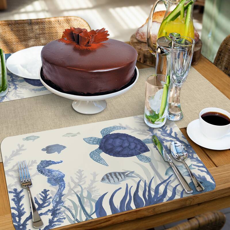 Blue Sea Life 4 Pack Reversible Easy Care Flexible Plastic Placemats Made in The USA BPA Free Easily Wipes Clean