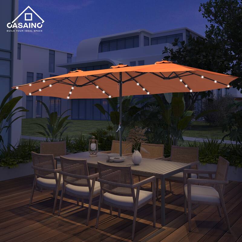 15-ft. Rectangular Crank Double-sided Outdoor Market Umbrella Solar LED Lighted Patio Umbrella with Base Included