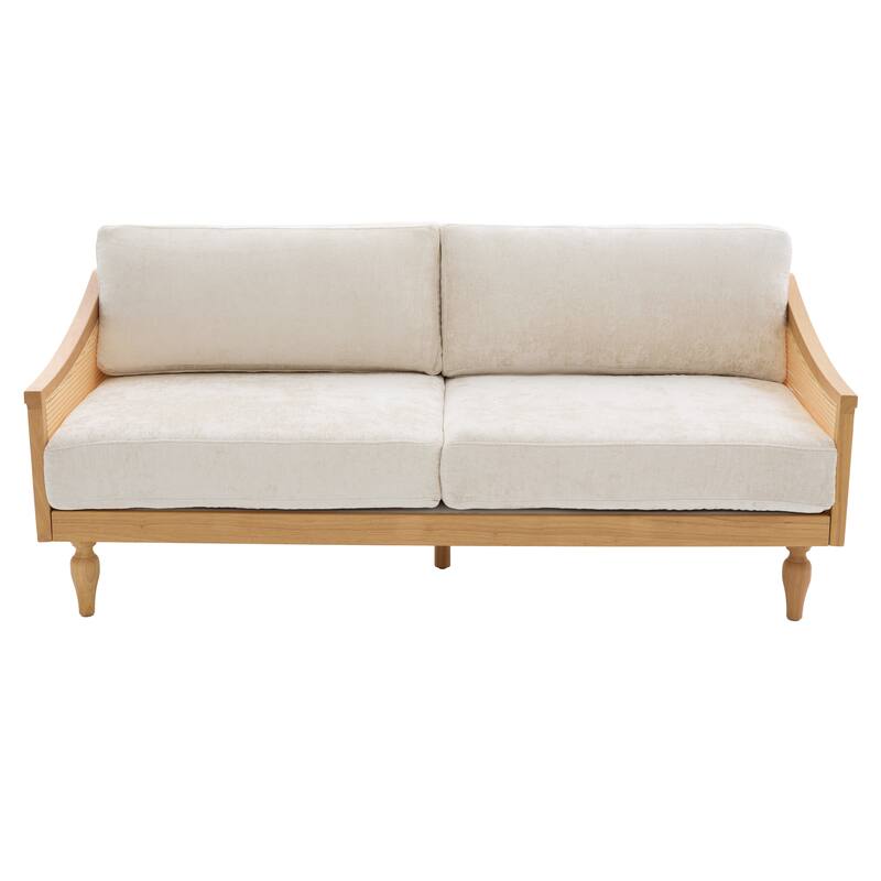 Roomfitters Mid-Century Modern Loveseat Sofa with Rattan Armrests, Solid Wood Frame