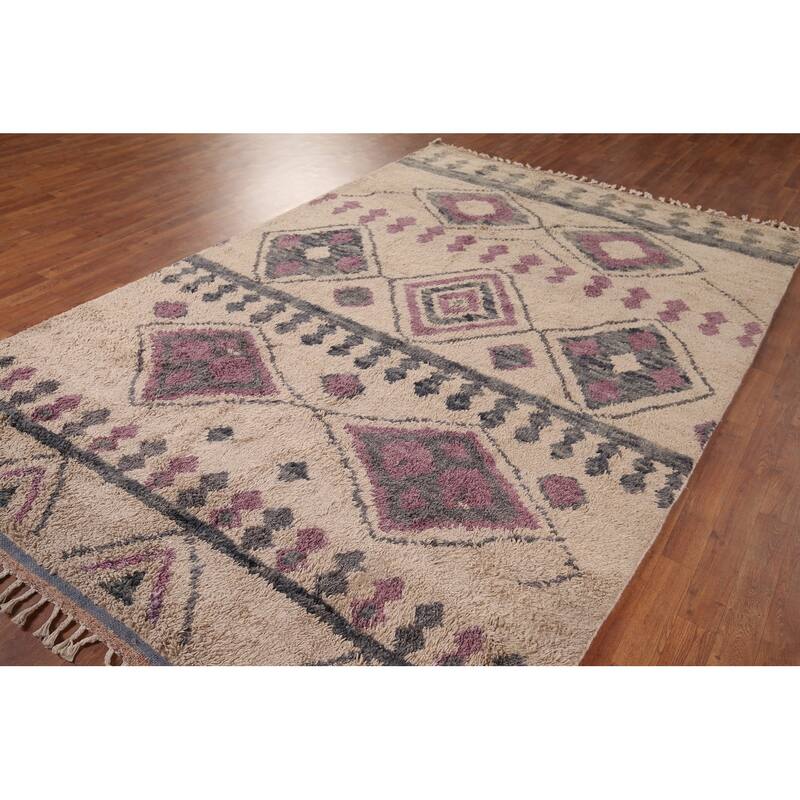 Geometric Plush Moroccan Area Rug Handmade Beige Wool Carpet - 6'9" x 10'4"