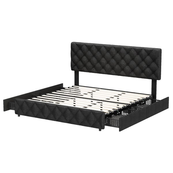 slide 2 of 33, Bed Frame with 4 Storage Drawers, Linen Upholstered Platform Bed Frame with Adjustable Headboard Black - King
