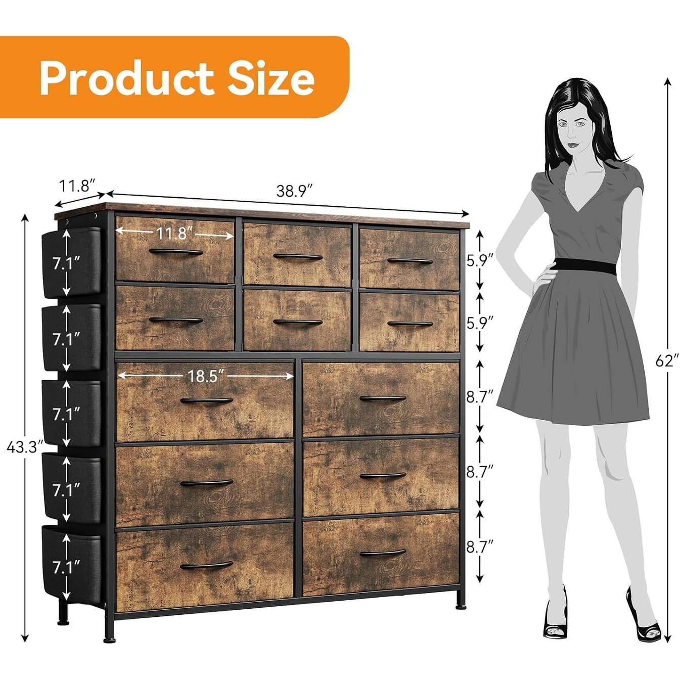 Modern Dresser with Fabric Drawer Chests, Sturdy Metal Frame Wood Top Storage Organizer