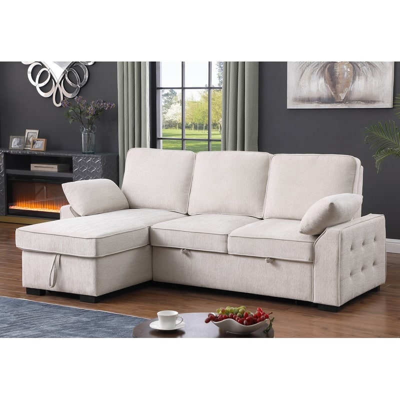 Mackenzie 91"W Chenille Fabric Reversible Sleeper Sectional with Storage Chaise, Drop-Down Table, Cup Holders & Charging Ports