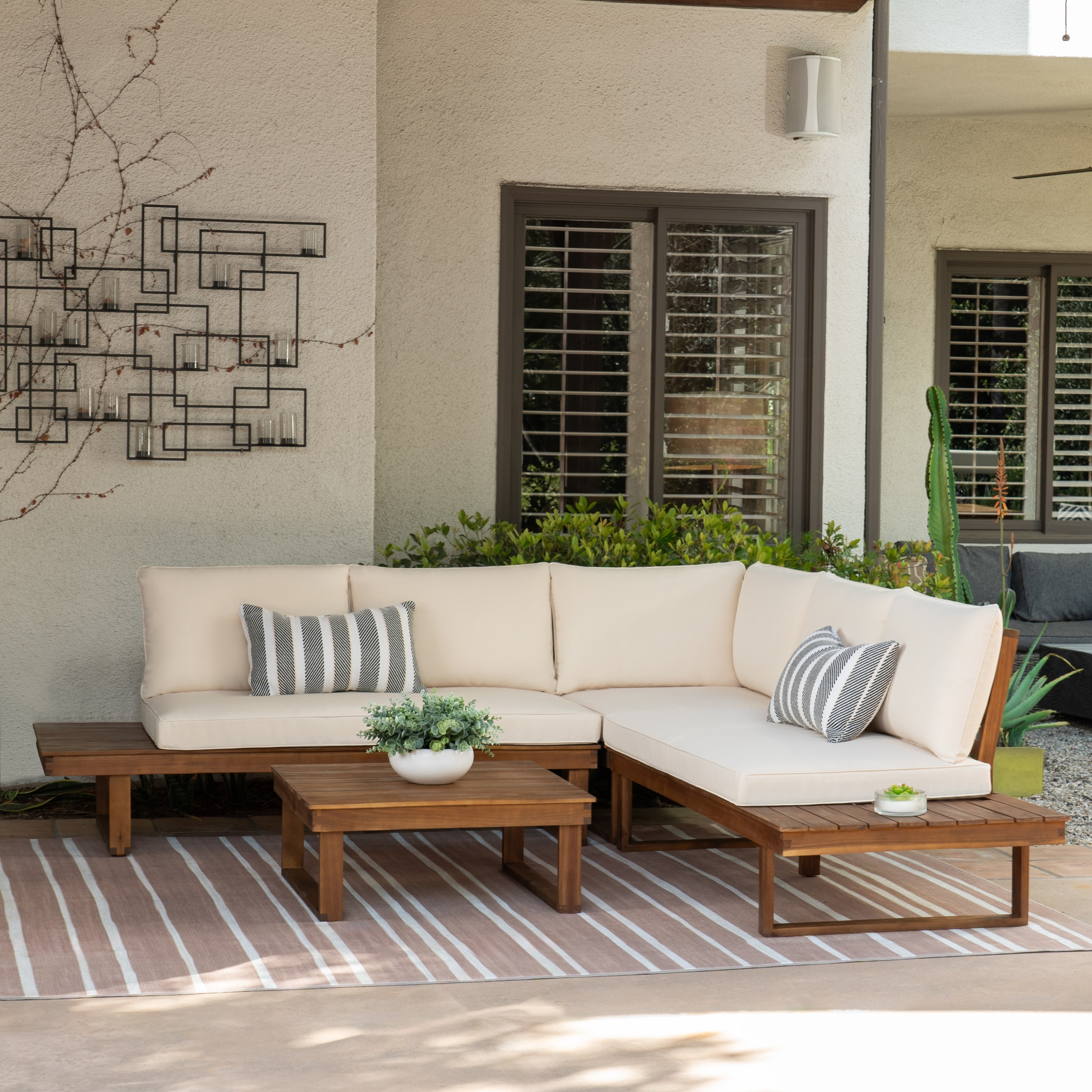 Linon Fisher Acacia Wood Outdoor 4-Piece Sectional Set with Coffee Table
