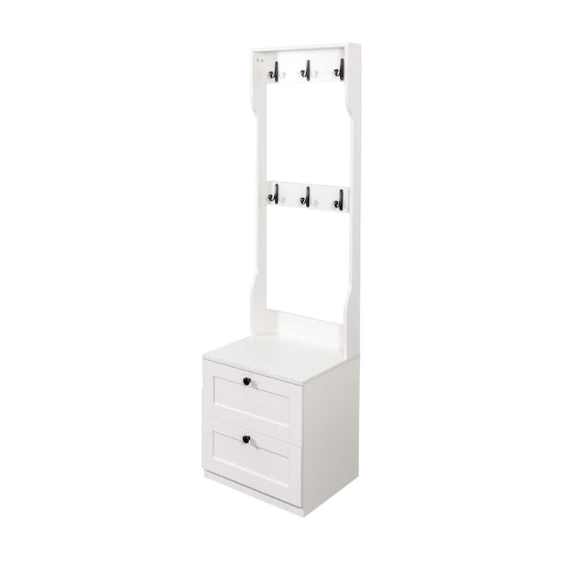 2-in-1 Coat Rack and Nightstand,Wood Entryway Storage Organizer with Drawer & Hooks, Freestanding Clothes Hanger