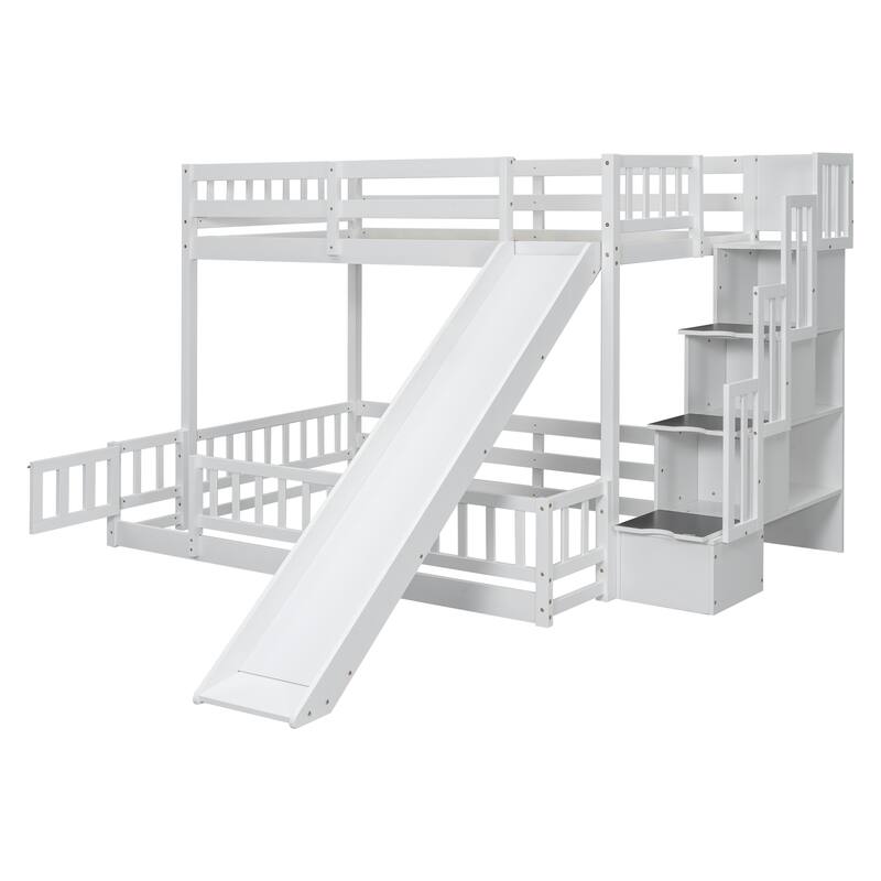Solid Pine Twin Over Full Bunk Bed with Slide, Storage Drawers, and Sturdy Staircase for Kids' Rooms